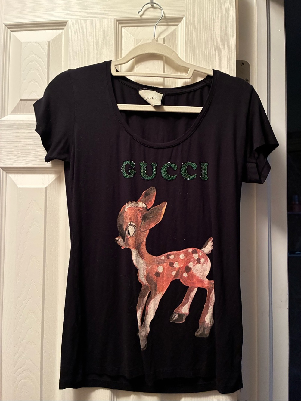 Gucci Black Tee with Green Logo and Bambi Print